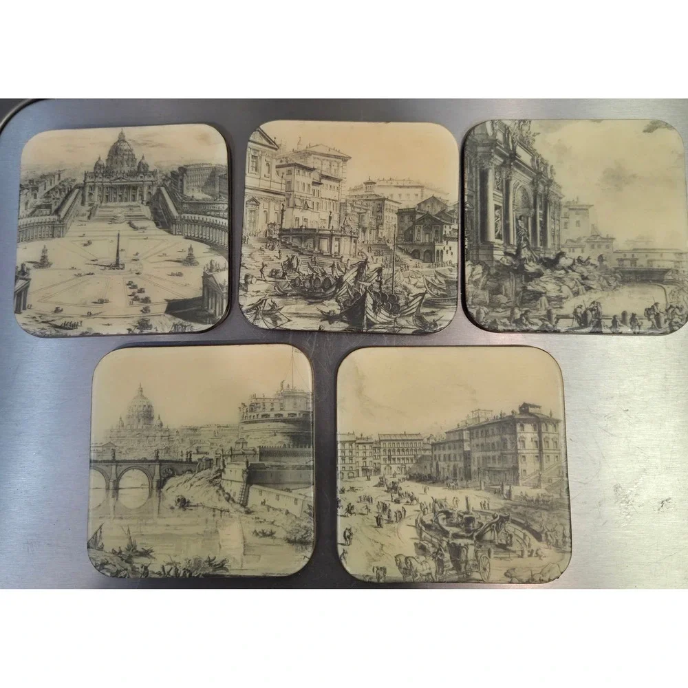 Vintage‎ Rome Italy Architectural Etching Coasters Set of 7 Red Backing Landmark